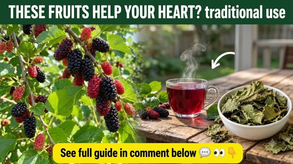 A four-panel collage showing fresh mulberries on a branch a close-up of ripe and unripe berries a steaming cup of mulber