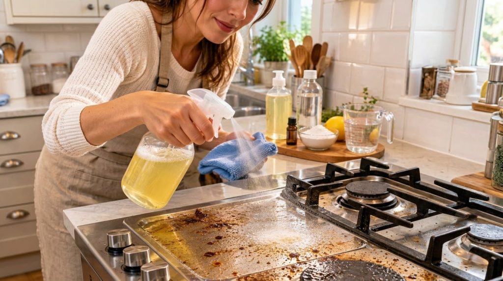 A woman in an apron happily scrubbing a dirty stainless steel stovetop with natural cleaning products She holds a spray 