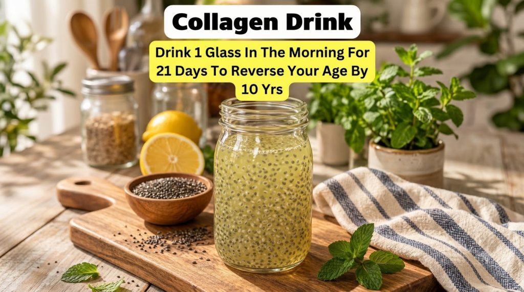 A clear glass jar filled with a lemon-chia seed drink on a wooden surface surrounded by fresh lemons a bowl of dry chia 