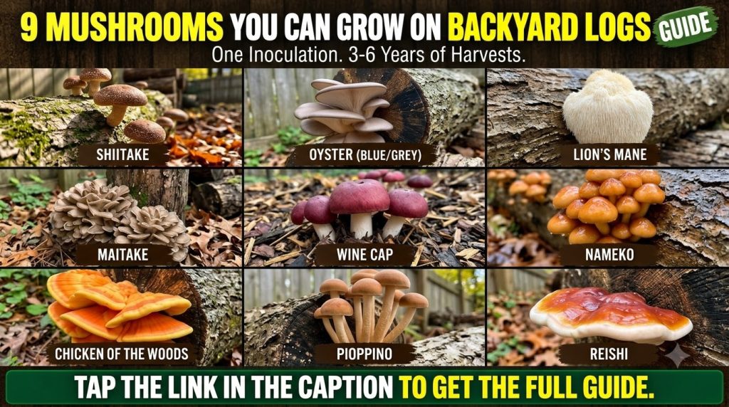 An infographic displaying various edible mushrooms like Oyster Shiitake Lion s Mane and Reishi growing on logs in a grid
