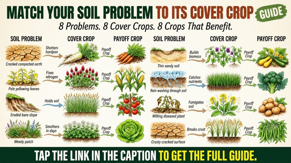 An infographic detailing 8 common soil problems and their cover crop solutions showing different plants like radishes cl
