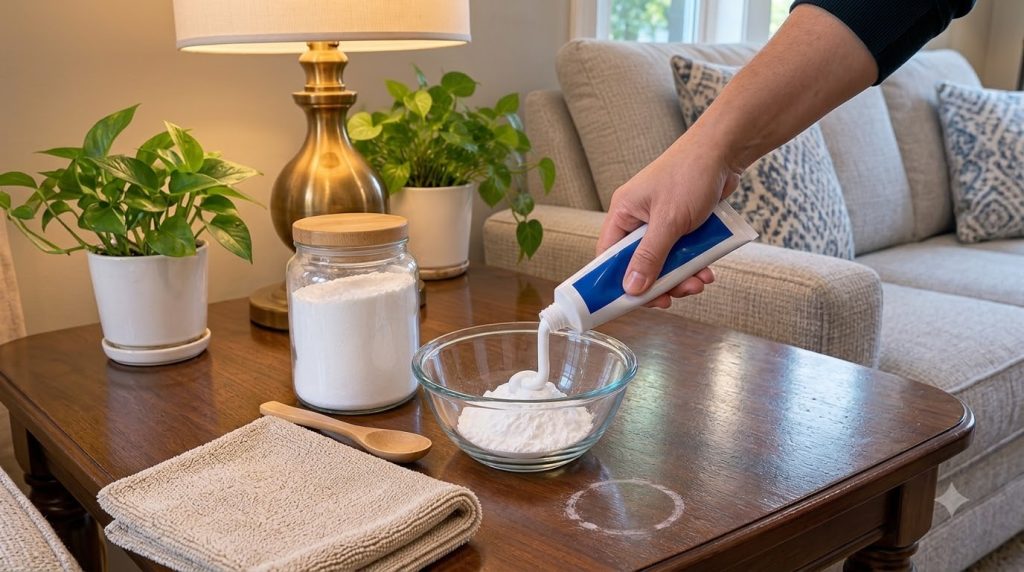A close-up of a hand squeezing white toothpaste into a glass bowl with white baking soda on a dark wooden table A water