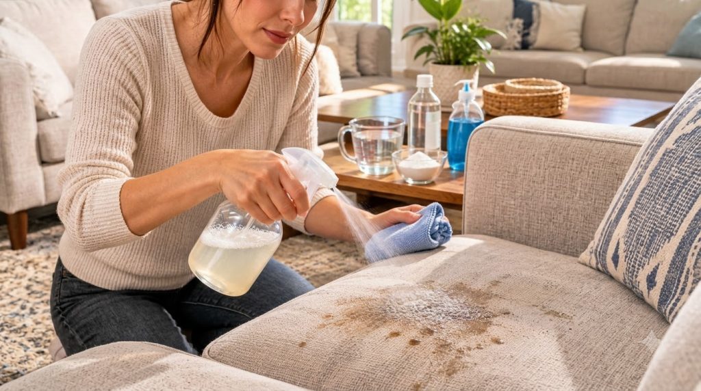A woman is actively cleaning a stain on a light-colored couch cushion with a spray bottle and a blue microfiber cloth