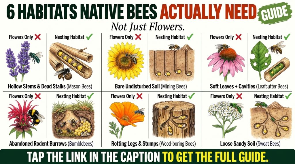 An infographic titled 6 HABITATS NATIVE BEES ACTUALLY NEED Guide - Not Just Flowers showing six examples of native bees 