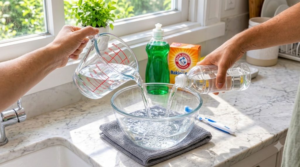 Two streams of clear liquid vinegar and water being poured into a clear glass bowl on a bright countertop with baking so