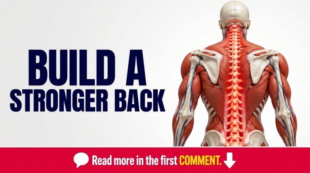 A highly detailed stylized 3D anatomical rendering of a human back focusing on the spine and surrounding musculature wit