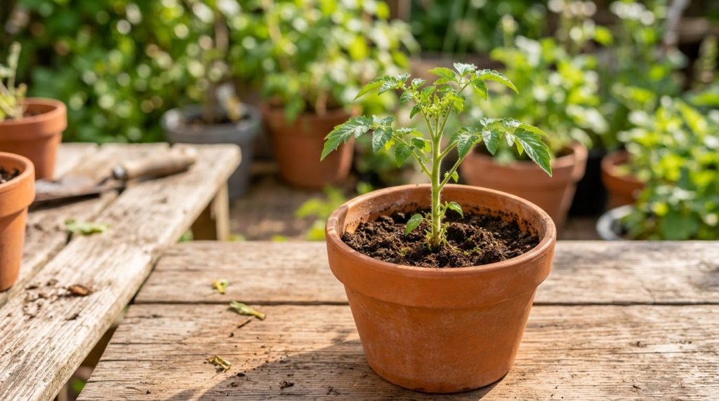A close-up of hands mixing chopped banana peels into the soil of a potted plant