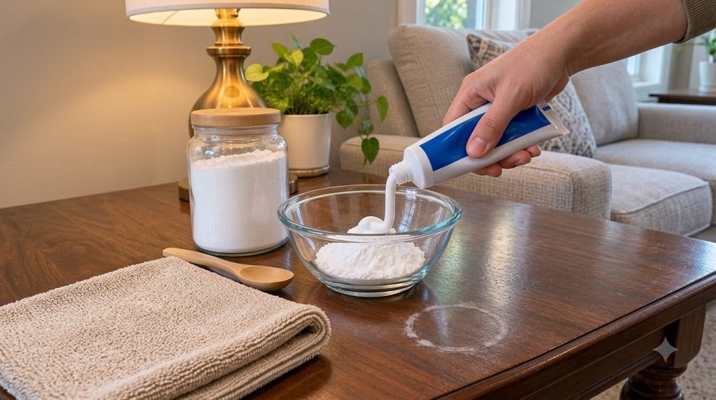 A hand squeezing white toothpaste into a clear glass bowl with white baking soda powder on a polished wooden table A cle