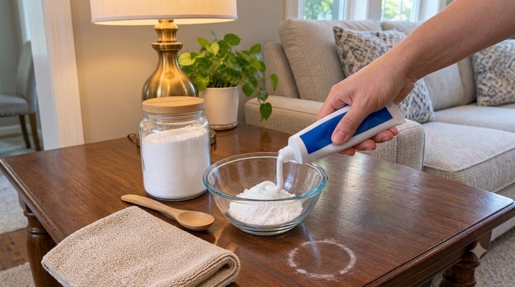 A hand squeezing white toothpaste into a glass bowl with baking soda on a wooden table with a visible water ring stain