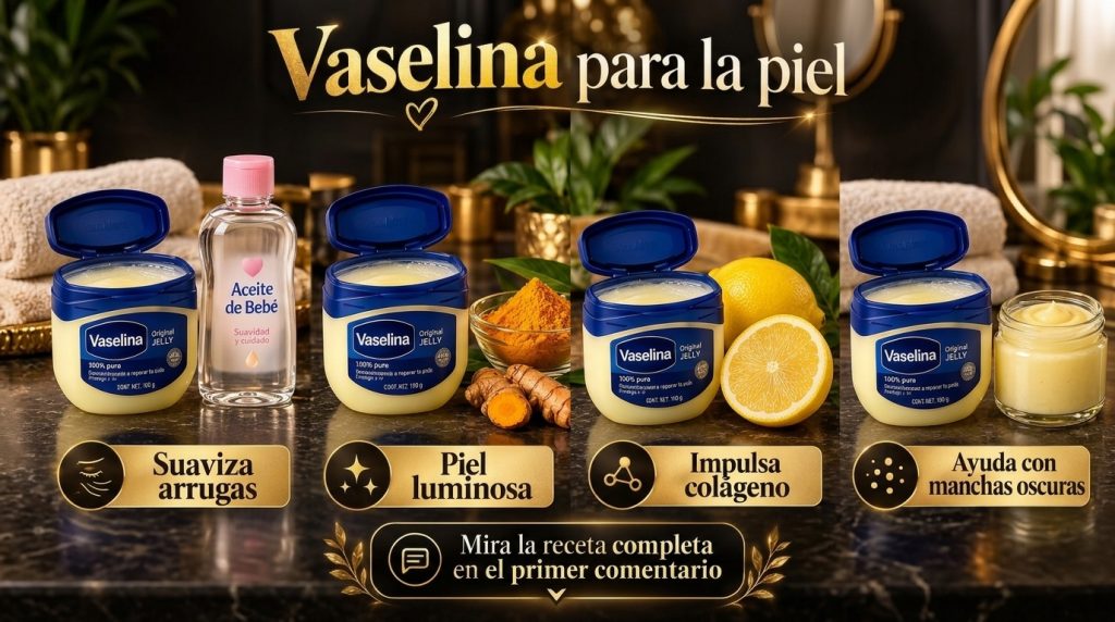 A four-panel grid showing Vaseline Original Jelly being mixed with natural ingredients like baby oil turmeric and lemon 
