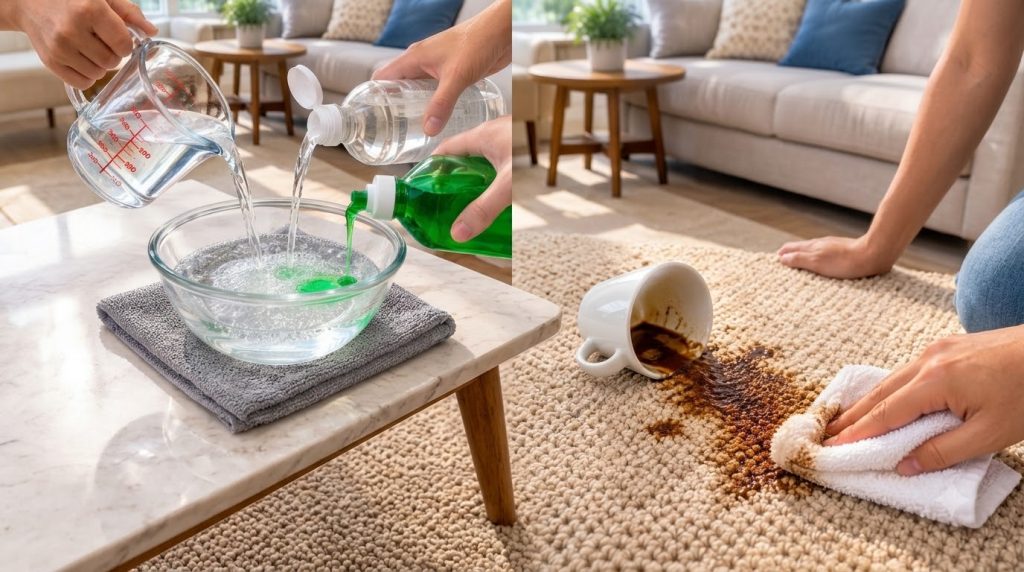 Hands pouring water white vinegar and green dish soap into a glass bowl creating a cleaning solution with an overturned 
