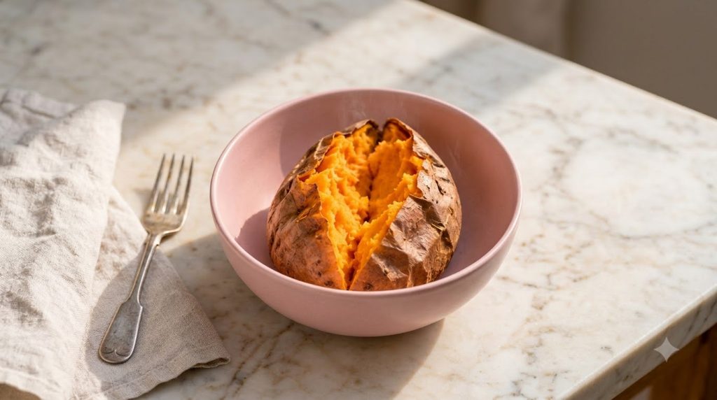 A vibrant colorful loaded sweet potato bowl garnished with fresh cilantro and a lime wedge The bowl is filled with roast