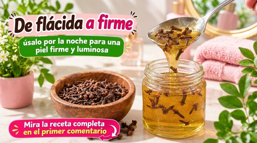 A spoon dripping golden viscous clove-infused oil into a glass jar with a wooden bowl of cloves on the side and a blurre