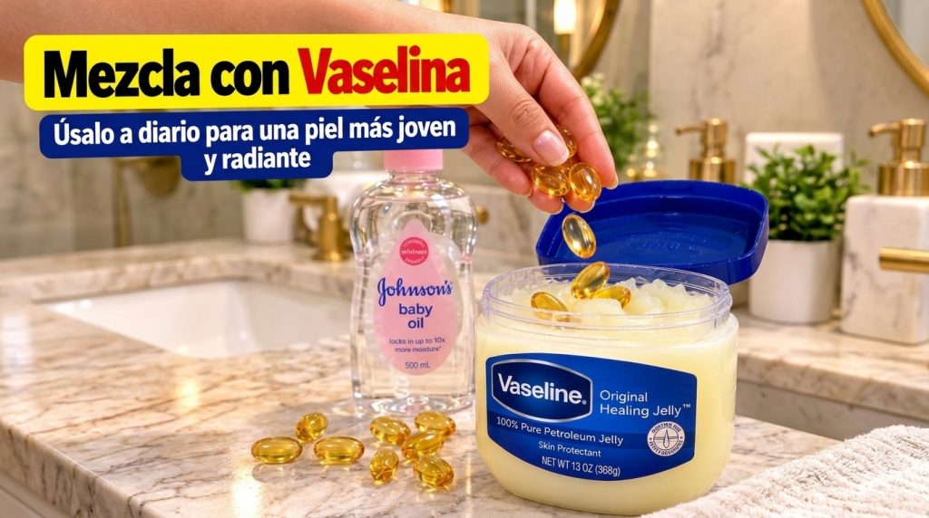 A close-up of a hand dropping golden vitamin E capsules into a small jar of Vaseline petroleum jelly on a light marble s