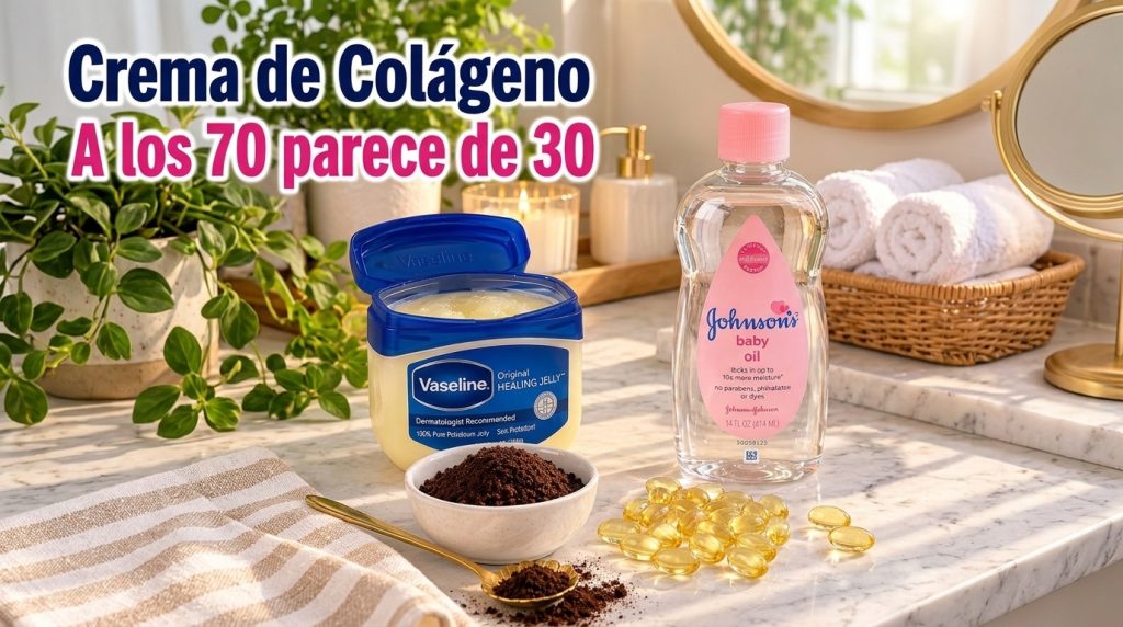 Ingredients for a homemade collagen-supporting cream an open tub of Vaseline a bottle of baby oil a bowl of ground coffe