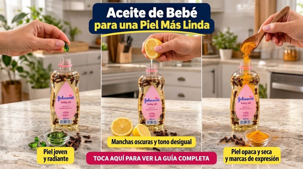 Three small bottles of Johnson s baby oil each infused with a different natural ingredient one with a green vitamin E ca