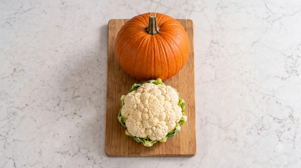A close-up shot of a baked vegan shepherd s pie with a golden-brown pumpkin-cauliflower topping showing steam rising in 