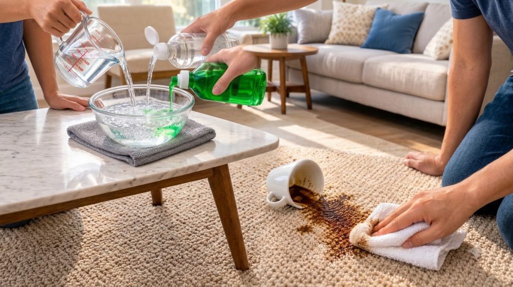 Hands pouring water vinegar and dish soap into a glass bowl suggesting the preparation of a cleaning solution The bottom