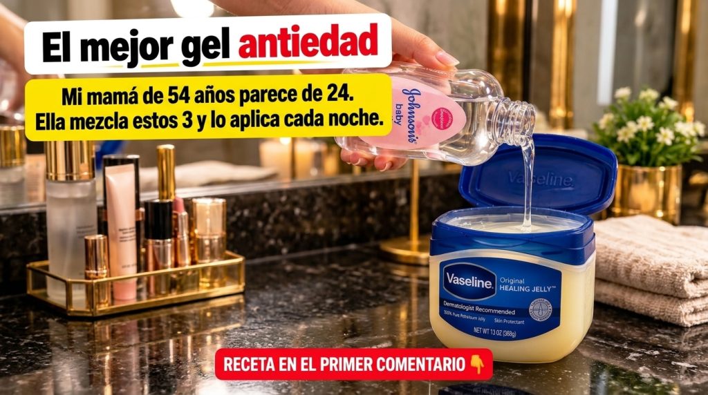 A hand pouring Johnson s baby oil into a tub of Vaseline Original Healing Jelly creating a homemade anti-aging gel
