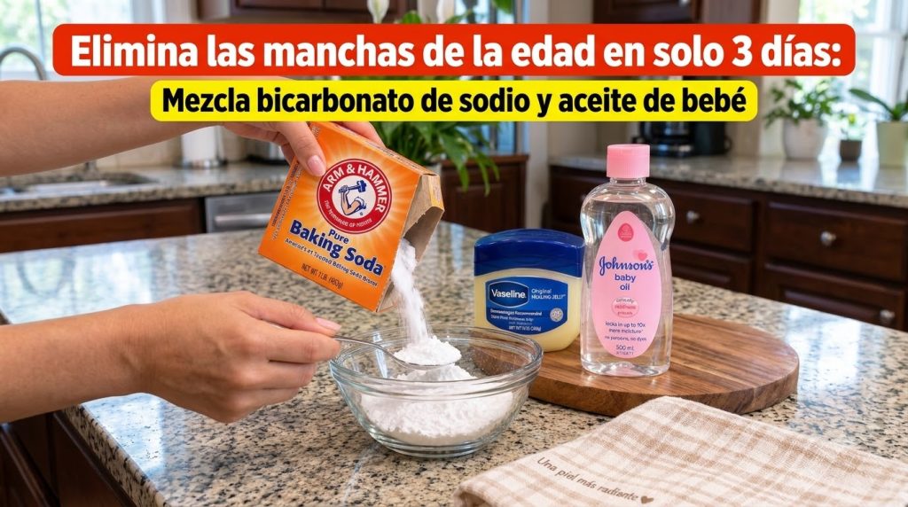 Ingredients for the homemade remedy a box of baking soda a tub of Vaseline and a bottle of baby oil on a wooden board