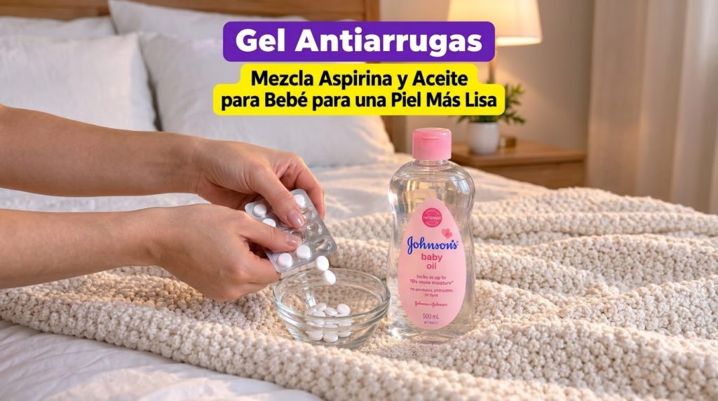 Hands crushing white aspirin pills in a small bowl with a bottle of baby oil nearby on a soft knitted background