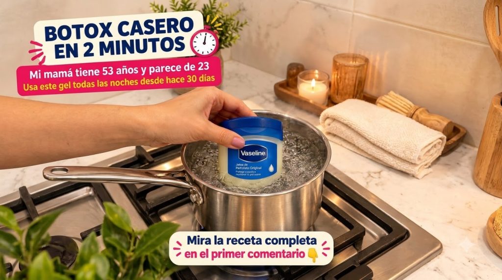 A hand holding a jar of Vaseline submerged in a pot of gently boiling water on a gas stove illustrating the warming proc