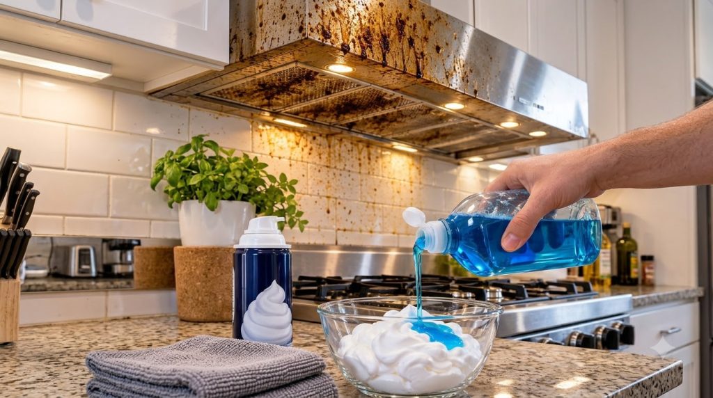 A dramatically dirty stainless steel range hood and backsplash tiles heavily splattered with grease in a kitchen The sce