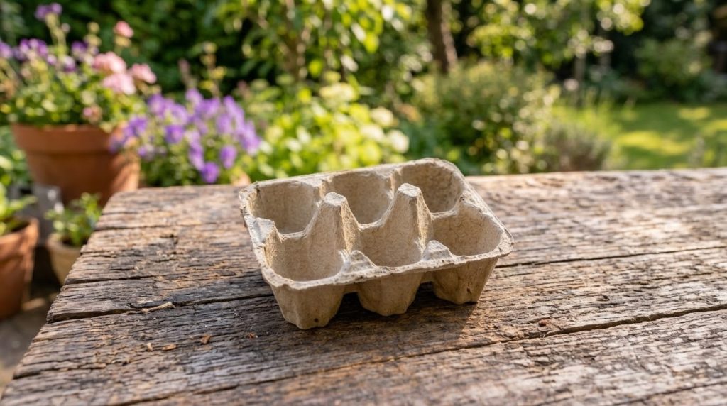 Small cherry tomato seedlings growing in individual compartments of a recycled cardboard egg carton with crushed white e