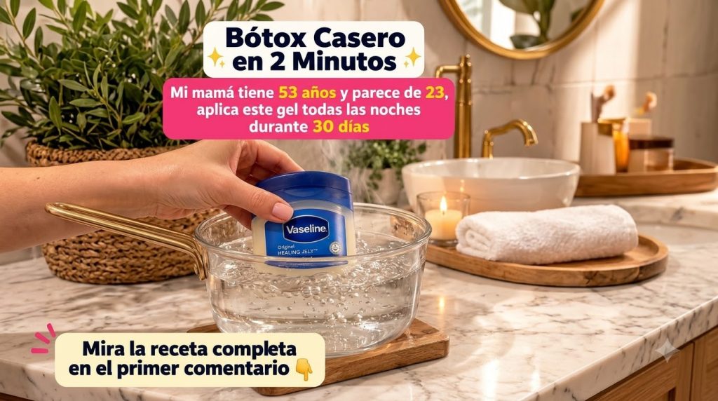 A close-up of a hand holding a Vaseline tub in a glass pot with bubbling steaming water against a blurred bathroom backg