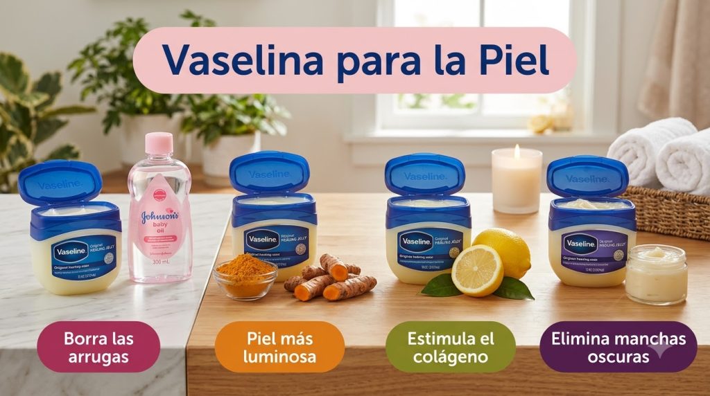 A grid showcasing Vaseline with baby oil turmeric and lemons along with a small jar of prepared cream as seen in the sou