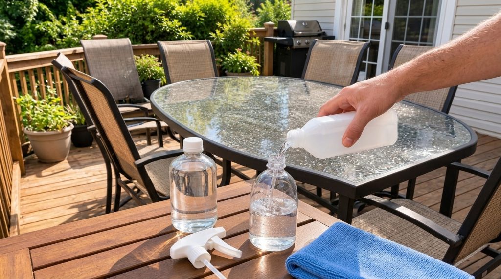 A hand pouring liquid from a white bottle into a clear spray bottle on a wooden outdoor table with other cleaning suppli