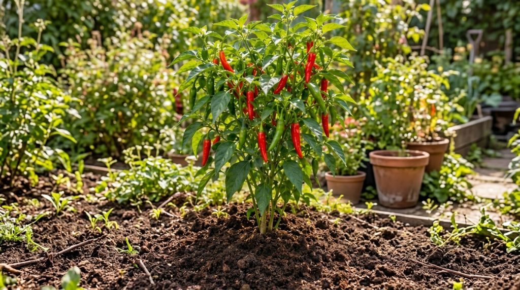 A close-up shot of a chili plant with green and red chilies showing a DIY slow-release feeding system made from a recycl