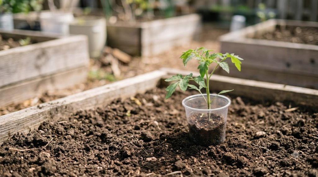 Close-up of a young tomato plant with a recycled plastic bottle inverted into the soil beside it acting as a direct wate