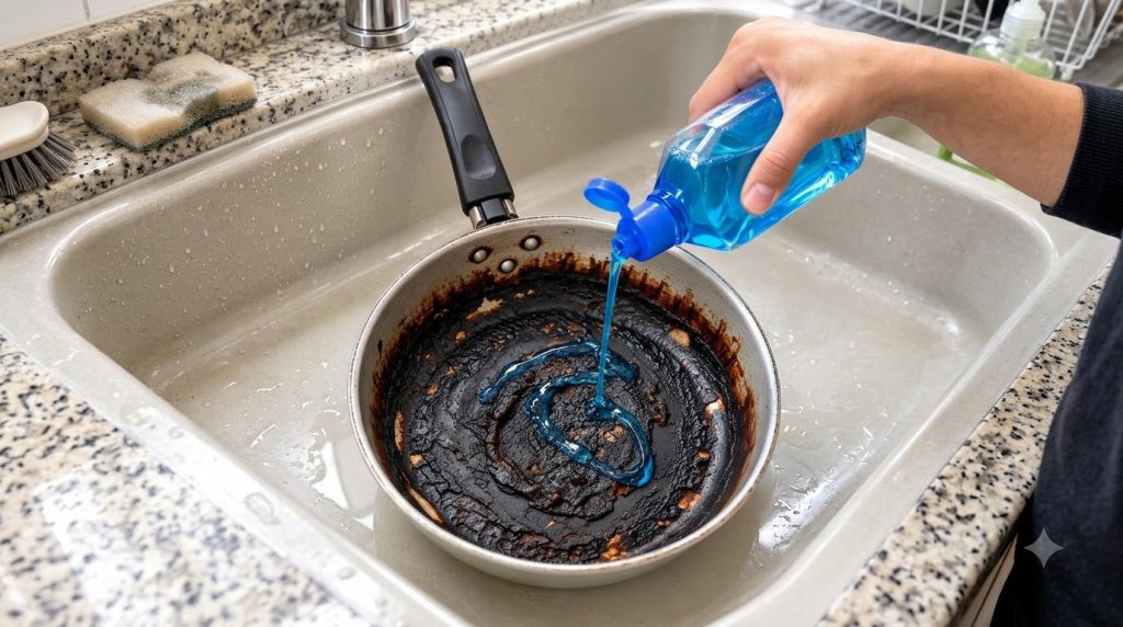 A hand pouring vibrant blue dish soap into a heavily burnt frying pan resting in a kitchen sink