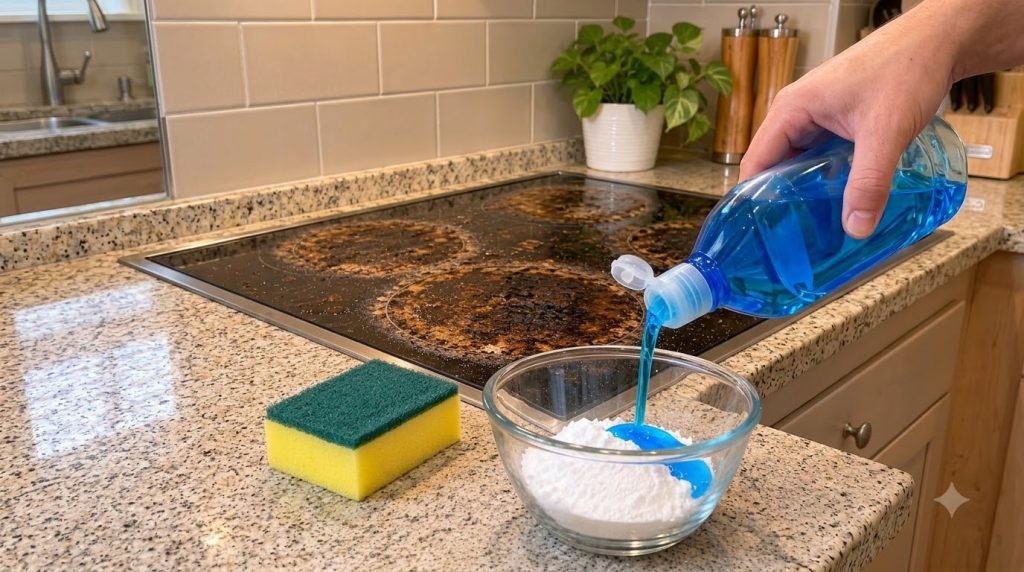 Una mano vertiendo jabón lavaplatos azul en un recipiente de vidrio con bicarbonato de sodio blanco para crear una soluc
