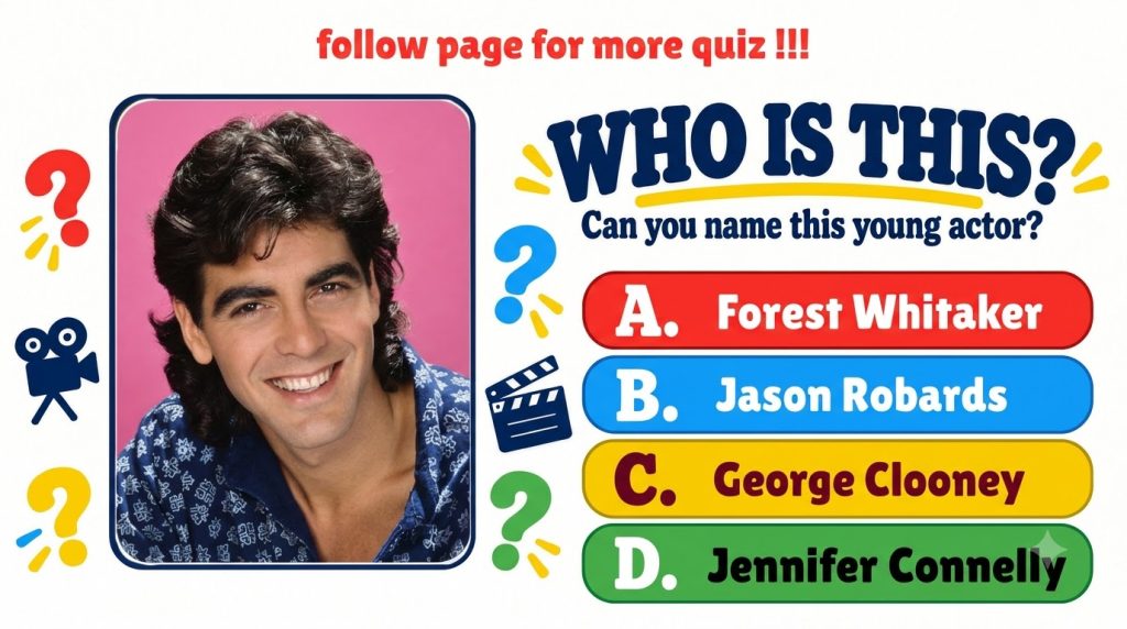 A vibrant quiz layout featuring a portrait of a young George Clooney with a cheerful expression and a mullet hairstyle s