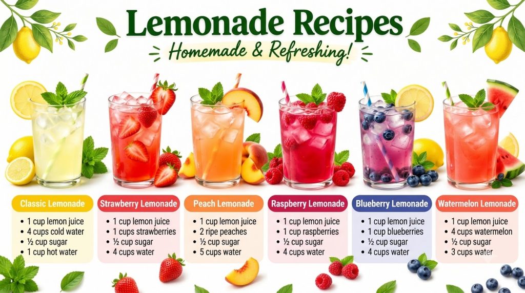 Infographic showcasing six distinct lemonade recipes Classic Strawberry Peach Raspberry Blueberry and Watermelon each wi