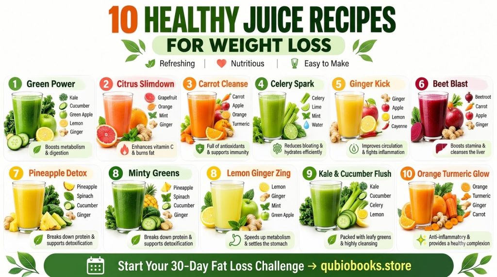 A vibrant array of 10 different colorful healthy juices in glasses surrounded by their fresh ingredients like various fr