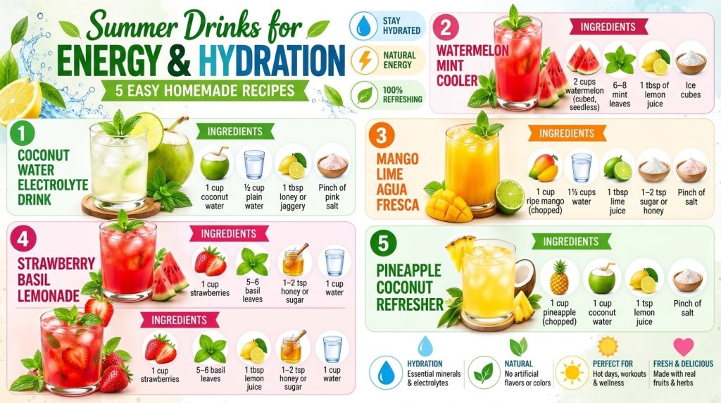 A vibrant infographic displaying five different homemade summer drink recipes each in a glass with ice and garnishes lik