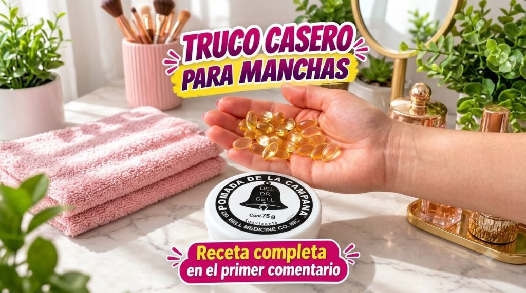 A person s hand holding yellow Vitamin E capsules next to a jar of Pomada de la Campana on a marble counter with beauty 