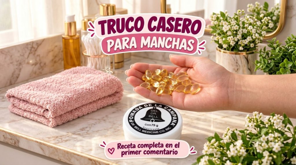 A hand holding translucent yellow Vitamin E capsules over a white jar of Pomada de la Campana on a light countertop with