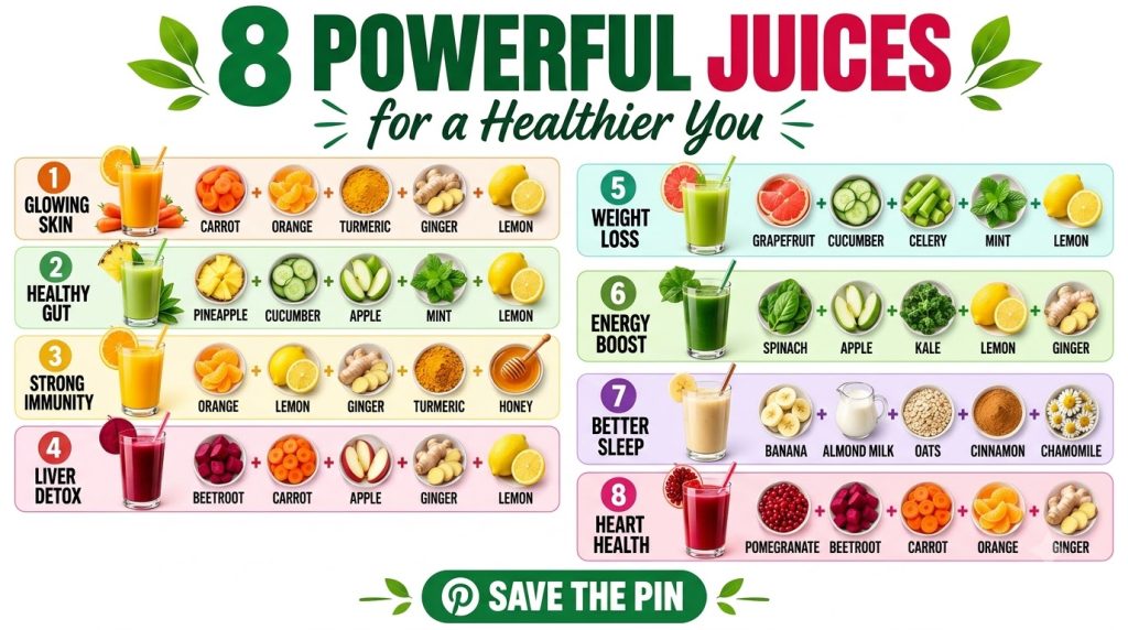 An infographic titled 8 Powerful Juices for a Healthier You showing eight different juice recipes with their ingredients