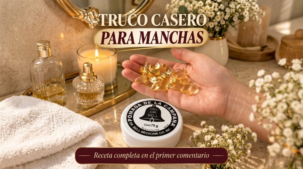 A hand holding yellow gel capsules over a white jar of Pomada de la Campana on a marble surface with a lit candle perfum