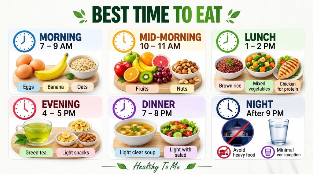 An infographic showing optimal meal and snack times throughout the day featuring various healthy food items like eggs oa