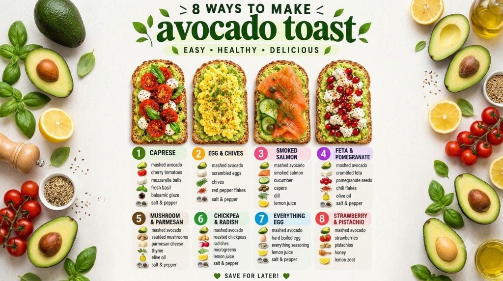Eight different avocado toast variations with various fresh toppings arranged in a grid