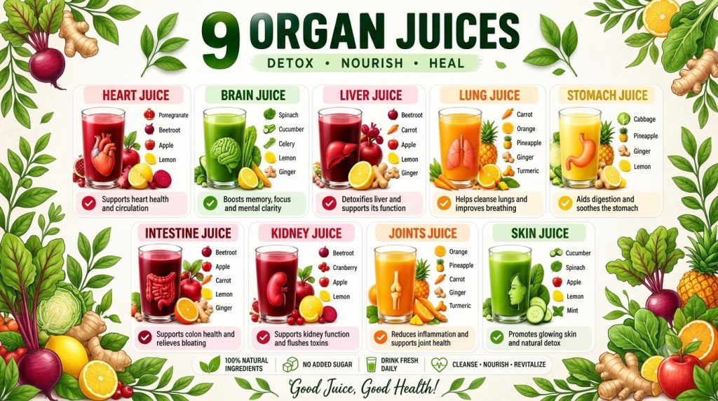 An infographic titled 9 Organ Juices Detox Nourish Heal displaying nine different juice recipes each associated with a s