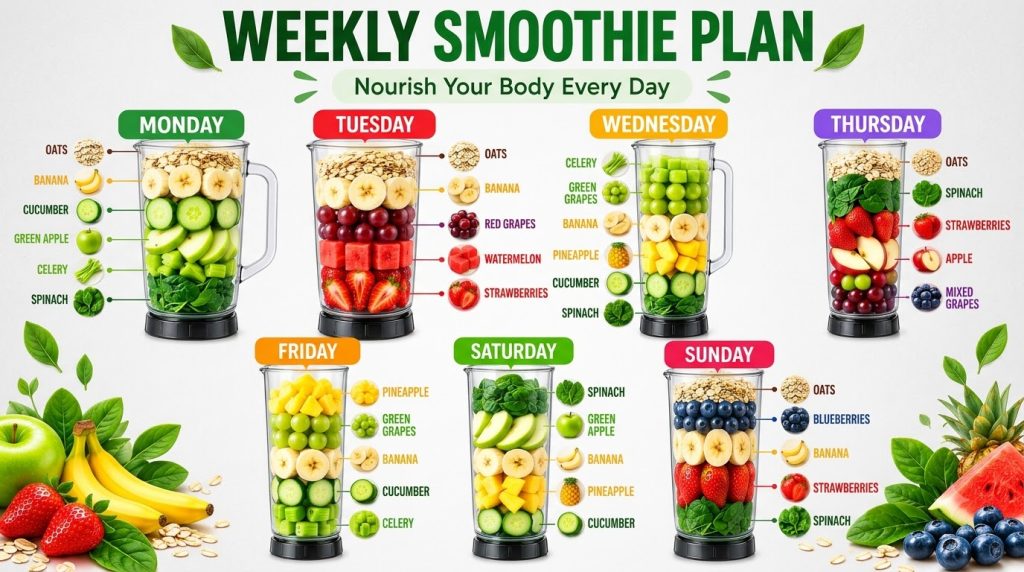 An infographic showing a weekly smoothie plan with seven distinct smoothie recipes each labeled for a day of the week su