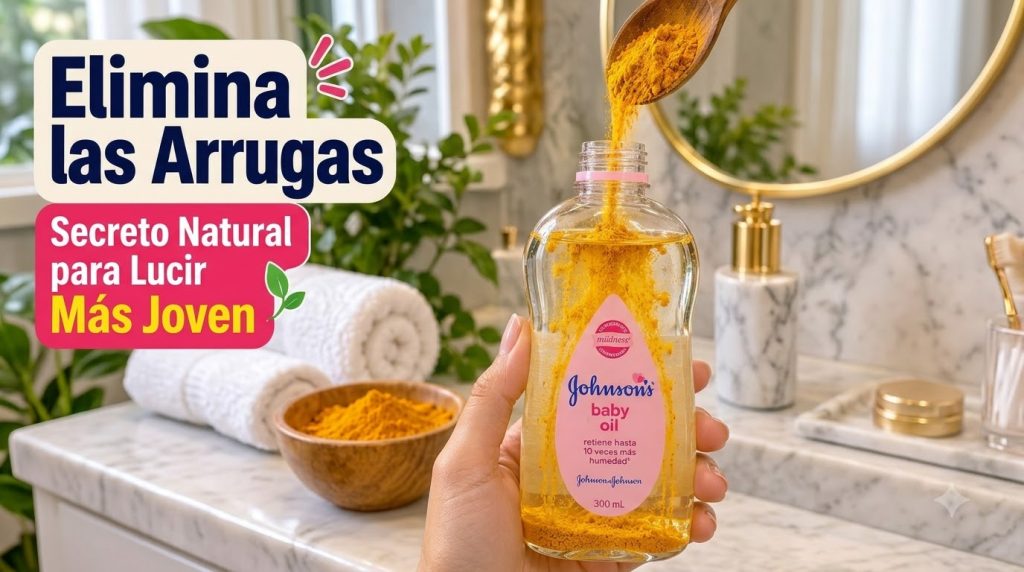 A hand pouring turmeric powder from a wooden spoon into a bottle of Johnson s Baby Oil The turmeric is visible in the oi