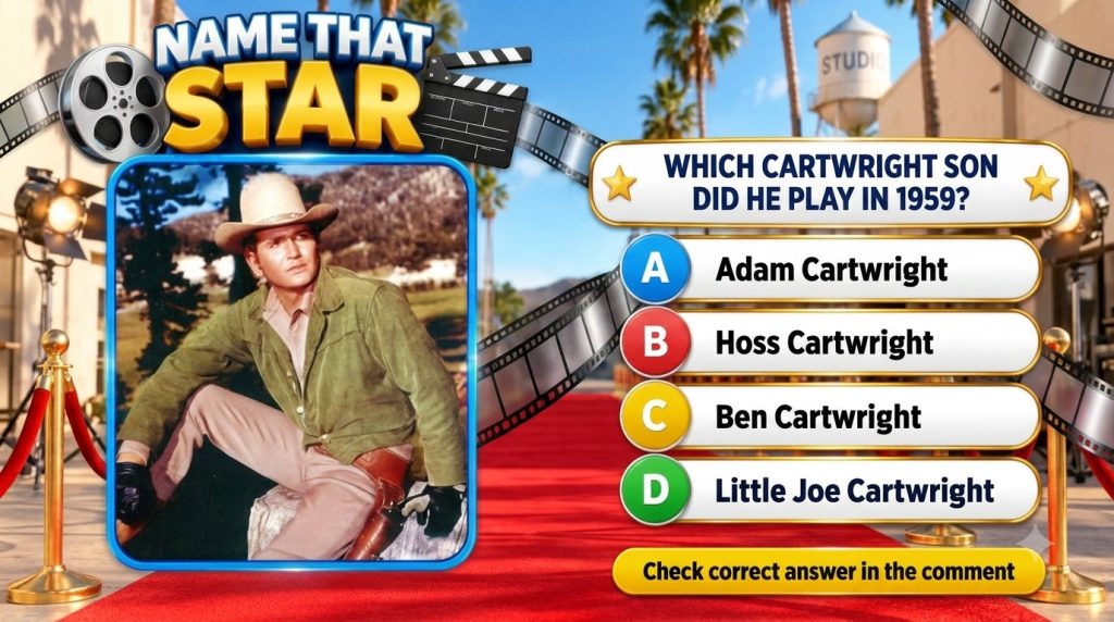 Quiz graphic titled NAME THAT STAR featuring a young Michael Landon in cowboy attire with a multiple-choice question bel