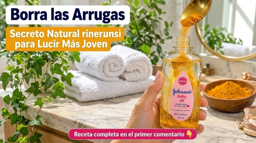 A hand holding a bottle of Johnson s baby oil with a golden spoon pouring granular yellow turmeric powder into it Green 